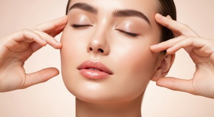 Close up of a woman's face with eyes closed fingers touching temples promoting self care and beauty rituals