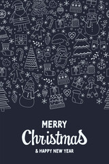 Cute Christmas greeting card with hand drawn ornaments. Vector illustration