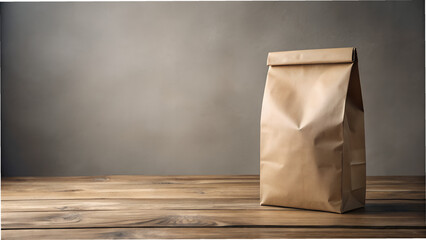 Brown paper bag on wooden table against gray background, ideal for food delivery and takeaway isolated on transparent background