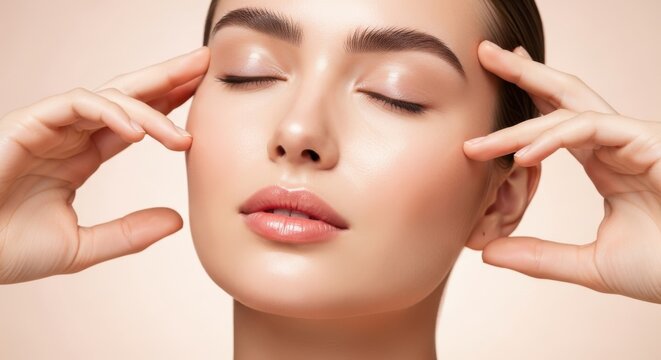 Close up of a woman's face with eyes closed fingers touching temples promoting self care and beauty rituals