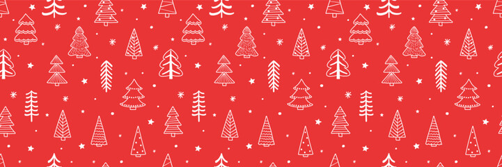 Christmas tree seamless pattern. Cute holiday background with cartoon ornaments. Vector illustration