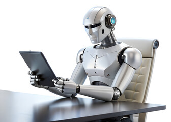 Humanoid robot using tablet isolated on transparent background, artificial intelligence concept