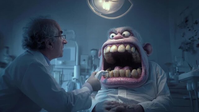 Dentist examines a monstrous patient in a dental chair, the creature with a huge gaping mouth and sharp teeth.