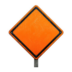 A weathered blank orange diamond road sign with a black border stands on a post against a black background