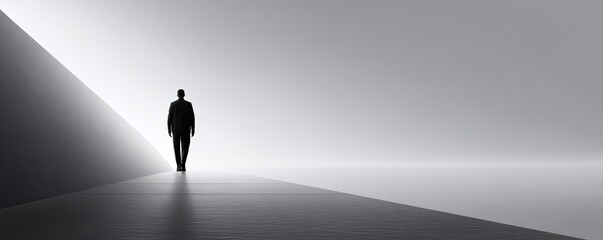 Solitary figure walking, Person travels alone into architectural void, Enigmatic silhouette journeys through illuminated urban architecture