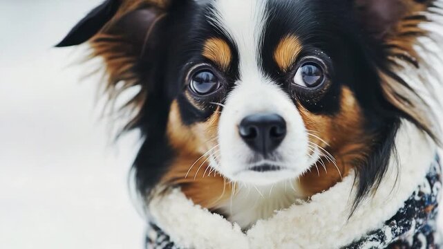 Close-up shot of a dog wearing a scarf, suitable for use in advertising or editorial contexts