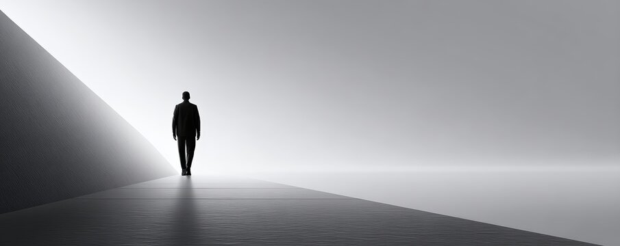 Solitary figure walking, Person travels alone into architectural void, Enigmatic silhouette journeys through illuminated urban architecture