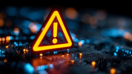 Urgent alert symbol glows prominently against a dark, futuristic circuit board backdrop with glowing blue and orange lights, symbolizing cybersecurity threats and system warnings.