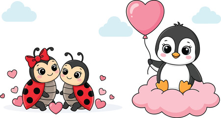 Charming Ladybugs and Penguin Cartoon Characters: Adorable Duo with Balloon on Cloud Illustration with Transparent Background for Whimsical Designs and Children's Projects
