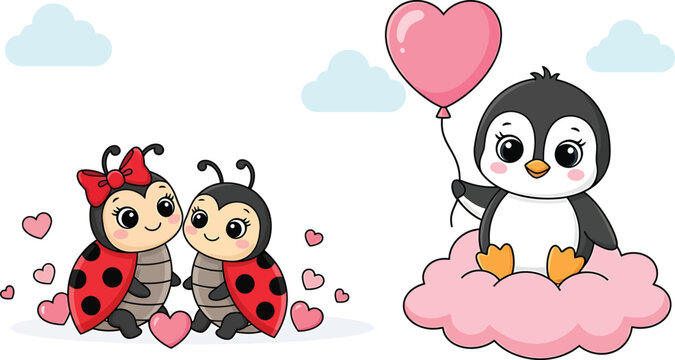 Charming Ladybugs and Penguin Cartoon Characters: Adorable Duo with Balloon on Cloud Illustration with Transparent Background for Whimsical Designs and Children's Projects
