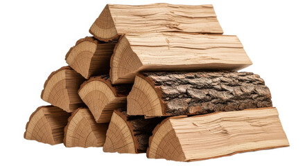 Pile of firewood isolated on white background, prepared for the winter season