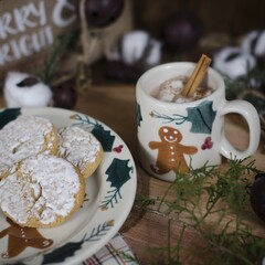 gingerbread plate and mug with cinnamon stick and cookies