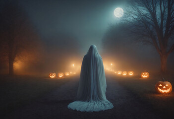 Silhouette of a person in white walking along a night road lined with Halloween pumpkins in the moonlight.