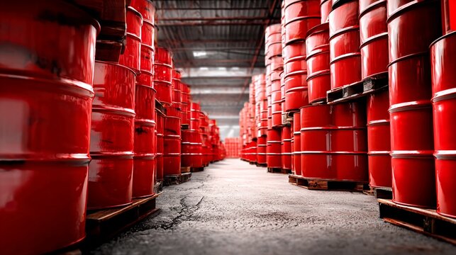 Vast warehouse filled with rows of vibrant red industrial barrels stacked high on wooden pallets, showcasing a massive storage facility ready for bulk distribution and logistics.