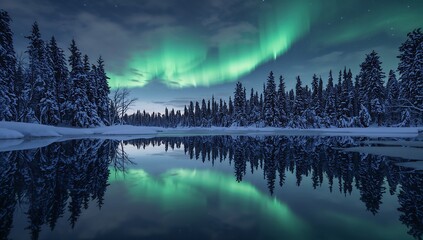 Captivating aurora borealis reflected on calm lake in winter wonderland landscape scenery nature beauty on transparent background