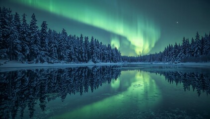 Aurora borealis northern lights winter landscape reflection lake snow covered trees scenic night sky travel 100 on transparent background