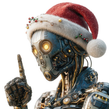 A highly detailed android wearing a festive red Santa hat with glowing yellow eyes raises one finger to make a point against a black background,