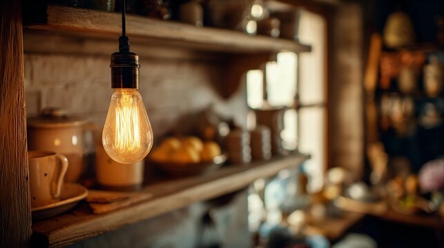 Warm Edison bulb illuminates rustic kitchen shelves filled with vintage pottery and cozy domestic charm, creating an inviting ambiance for lifestyle and home decor projects