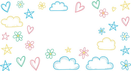 Cute doodle background with hearts stars flowers and clouds vector illustration art