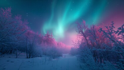 Aurora borealis northern lights winter landscape snow trees nature night sky scenic travel background 4k on transparent background