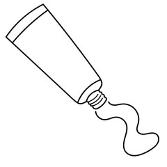 Black and white doodle style illustration of an open toothpaste tube with paste being squeezed out. Hand drawn icon represents oral hygiene, dental care or cosmetic product packaging. Ideal for use in