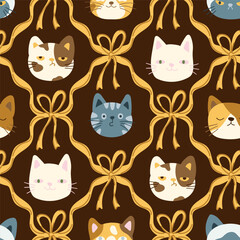 kawaii cats face, coquette preppy ribbon bow, damask seamless pattern for fabric wallpaper wrapping