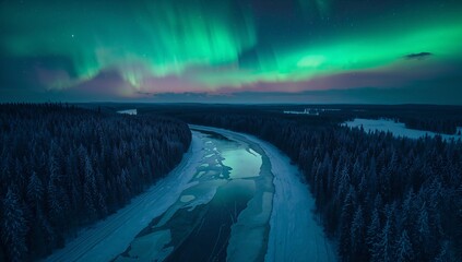 Aerial view of aurora borealis over frozen river and forest landscape in winter night sky photography on transparent background