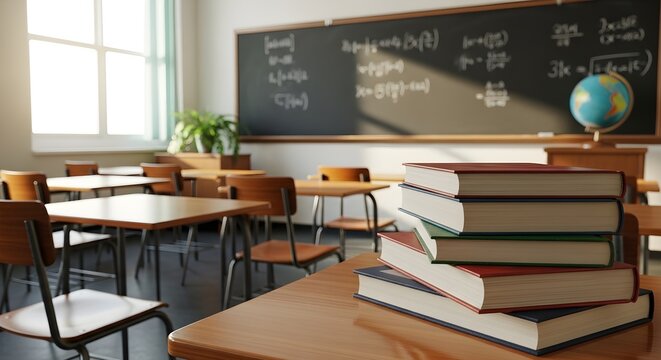 Classroom Books on Desk with Chalkboard Background for Education and Learning Ideas