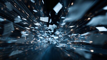 Dynamic data stream with floating documents and glowing lines symbolizing information flow, digital transformation, and fast-paced business growth