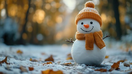 Obraz premium Cheerful snowman with knitted hat and scarf standing in a snowy forest on a sunny winter afternoon. Festive Christmas and holiday season background with copy space