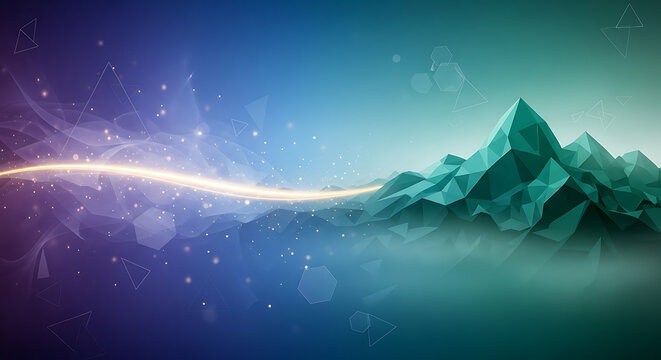 Dynamic digital landscape illustration featuring abstract geometric mountain ranges illuminated by a vibrant, flowing energy stream, set against a futuristic, tech-inspired backdrop
