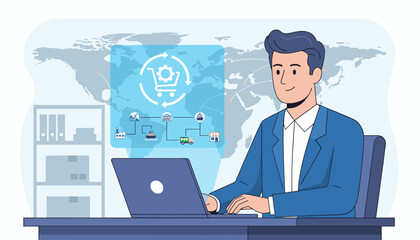 Procurement management industry concept: A smiling businessman in a blue suit works on a laptop, visualizing a global supply chain with icons for factories, warehouses, ships, trucks, and retail