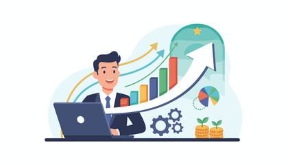 Successful businessman working on a laptop, surrounded by visual representations of profit increase, investment growth, and business progress, symbolizing financial success and upward trends in a