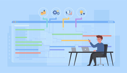 Modern flat illustration of a project manager working on a Gantt chart schedule, visualizing tasks, deadlines, and progress with icons representing finance, gears, marketing, and ideas, symbolizing