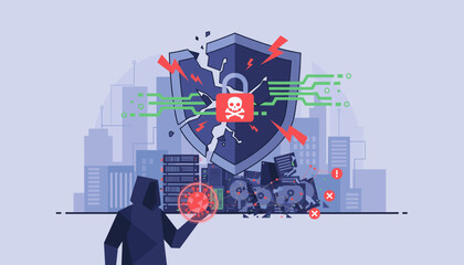 Cybersecurity threat concept: A hooded hacker orchestrates a ransomware malware attack, causing a digital data breach with a cracked shield, skull and crossbones symbol, and destroyed servers against