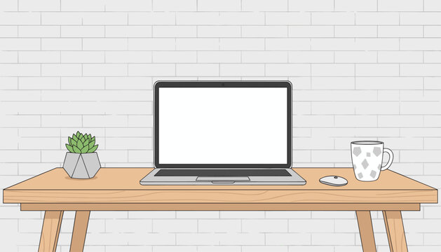 A minimalist vector illustration of an open laptop with a blank white screen, a computer mouse, a patterned mug, and a small potted succulent plant on a light wooden desk against a white brick wall