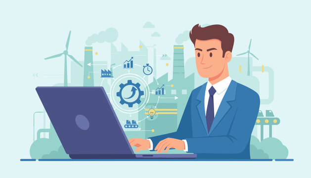 Modern businessperson using a laptop to manage industrial processes and boost productivity, symbolizing innovation and efficiency with icons of gears, charts, and factories in a clean, vector graphic