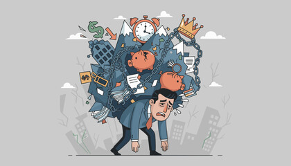 Overwhelmed businessman struggling under a heavy load of financial burdens, debt, and stress, symbolized by chains, piggy banks, documents, and buildings, representing the crushing weight of economic