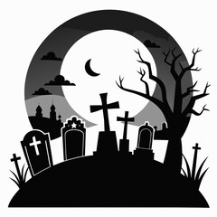 Spooky graveyard scene with tombstones and full moon vector illustration for halloween designs silhouette White background