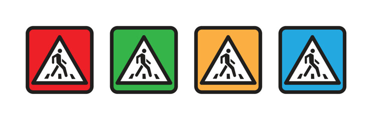 Pedestrian Crossing Traffic Sign Icons Set in Red, Green, Yellow, and Blue Colors, Vector Illustration