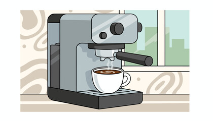 A steaming cup of freshly brewed espresso sits on a modern, sleek espresso machine, with a city skyline visible through the window in the background, creating a cozy and inviting morning scene.