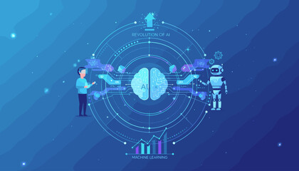 Futuristic digital illustration depicting the symbiotic relationship between artificial intelligence and humans, showcasing a brain graphic with AI circuitry, a robot, and a person interacting with