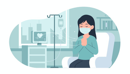 A young Asian woman wearing a face mask sits in a hospital bed, praying with her hands clasped, receiving IV treatment, with a heart monitor displaying vital signs in the background, symbolizing hope