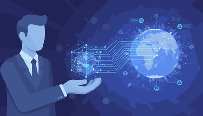 Abstract AI cube held in a businessman's hand, symbolizing the future of business, global technology, data networks, and digital transformation with interconnected nodes and circuits against a dark