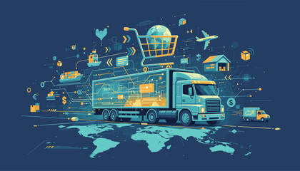 Abstract digital logistics and transportation concept with a truck, shopping cart, globe, airplane, ship, and various icons representing global commerce, supply chain, and e-commerce on a world map