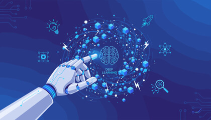 Futuristic AI and Machine Learning concept with a robotic hand interacting with a glowing digital brain, surrounded by abstract data streams, cubes, and scientific icons, representing innovation and