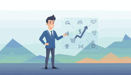 Successful businessman presenting a digital marketing strategy with icons representing growth, sales, global reach, and customer engagement, symbolizing business success and strategic planning in a