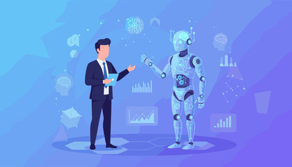 Futuristic concept of artificial intelligence and human collaboration, a businessman in a suit interacts with a sophisticated robot, surrounded by abstract technological elements, data