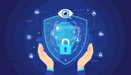 Digital security concept illustration with a fingerprint scan, a padlock, and an eye with a magnifying glass, surrounded by abstract network lines and icons representing data protection, privacy, and
