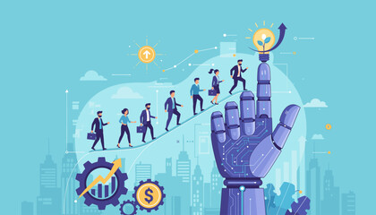 AI artificial intelligence helping and supporting business growth and success with people climbing stairs towards a bright idea lightbulb on a robotic hand, symbolizing progress and innovation in the